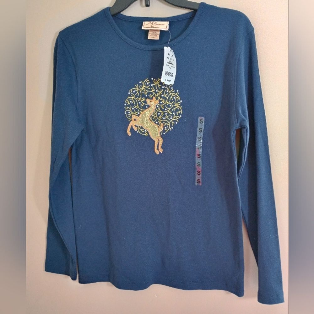 NWT MC Sportswear Blue Long Sleeve Reindeer Crew Neck Shirt Size Small